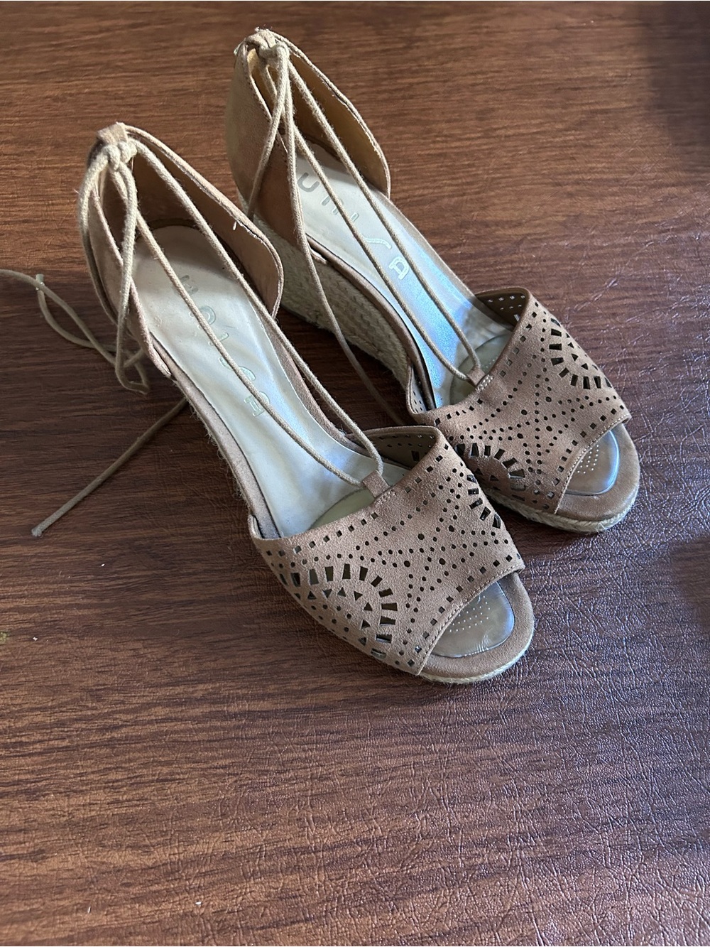 UNISA Suede Laser-Cut Espadrille Wedge Sandals - Tan
